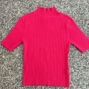 Mock Neck Short Sleeve Vibrant Pink Ribbed Sweater